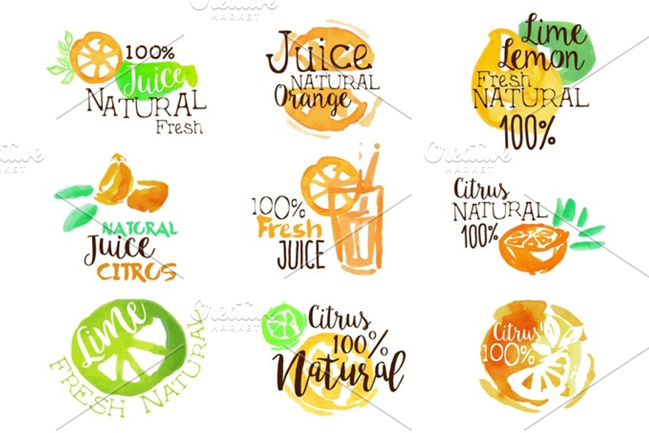 Natural Citrus Juice Promo Signs Colorful Set in Illustrations - product preview 8