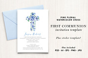 Blue Floral Cross Invitation