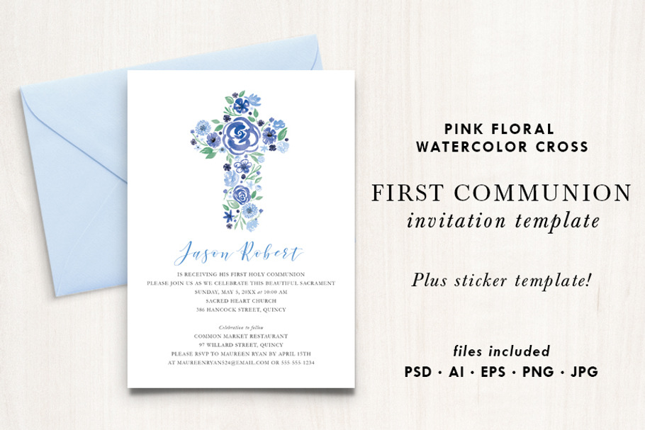 Blue Floral Cross Invitation