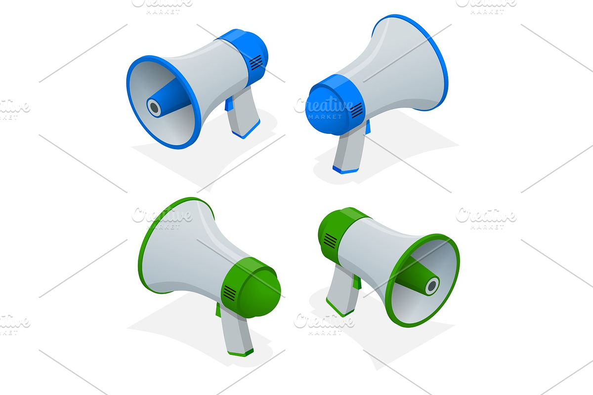 Isometric set of megaphone, bullhorn, loudspeaker isolated on white background. in Objects - product preview 8