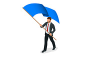 Isometric people. Man with blue flag isolated on white background. Success or freedom concept.