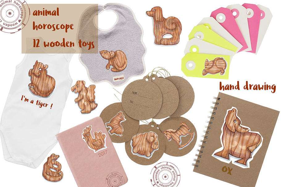 Wooden zodiac animals in Illustrations - product preview 8