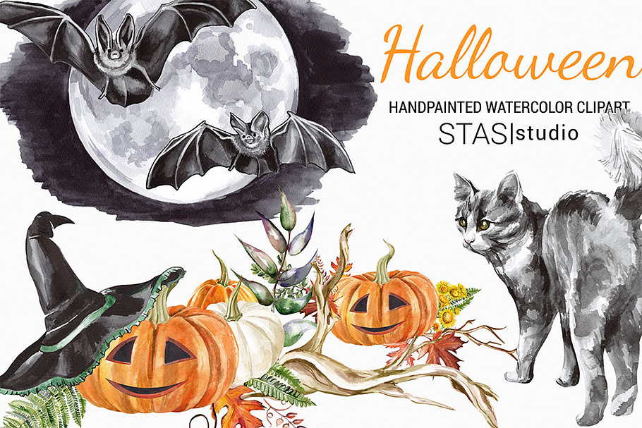 Watercolor Halloween clipart in Illustrations - product preview 8