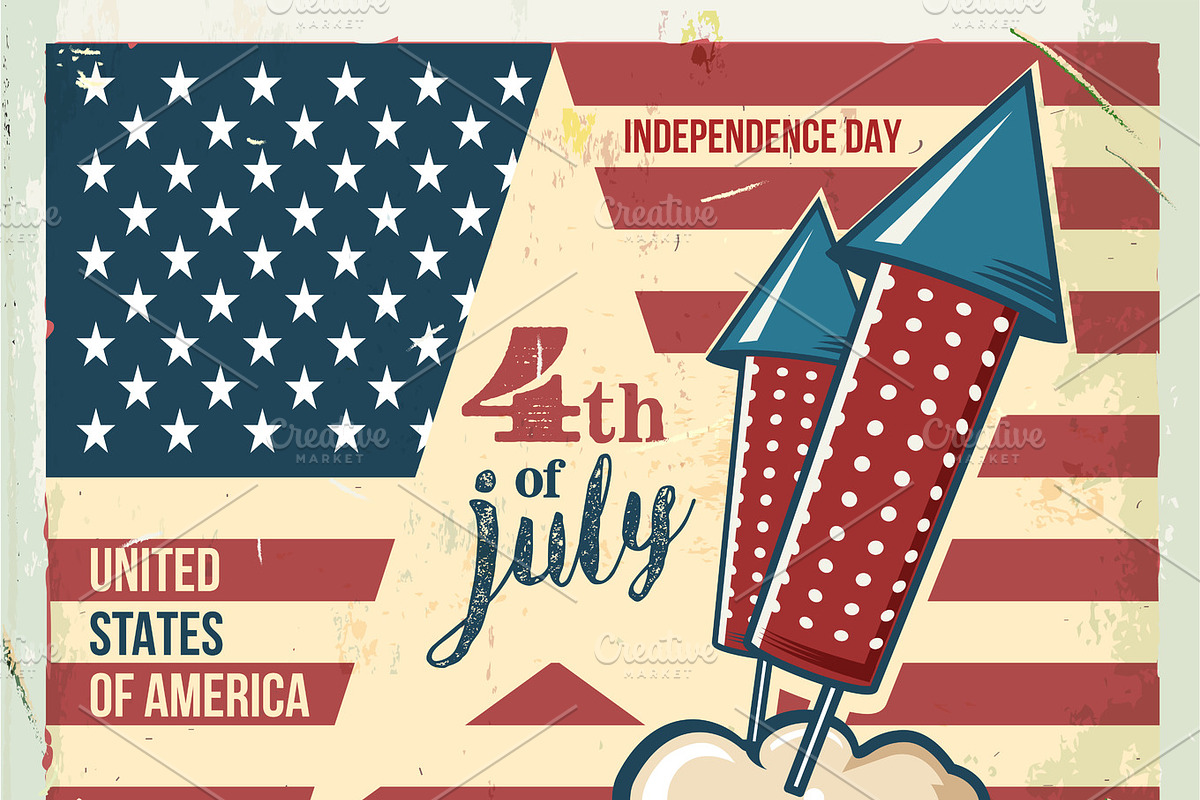 4th of July poster. Grunge retro metal sign with fireworks. Independence day. Celebration flyer. Vintage mockup. Old fashioned design. in Objects - product preview 8