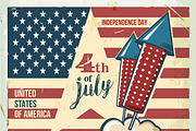 4th of July poster. Grunge retro metal sign with fireworks. Independence day. Celebration flyer. Vintage mockup. Old fashioned design.