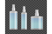 cosmetic spray bottles set isolated on checkered background. Small, big and wide bottles. Realistic vector design.