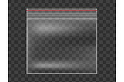 Plastic Transparent bag isolated on checkered background. Realistic vector mockup.