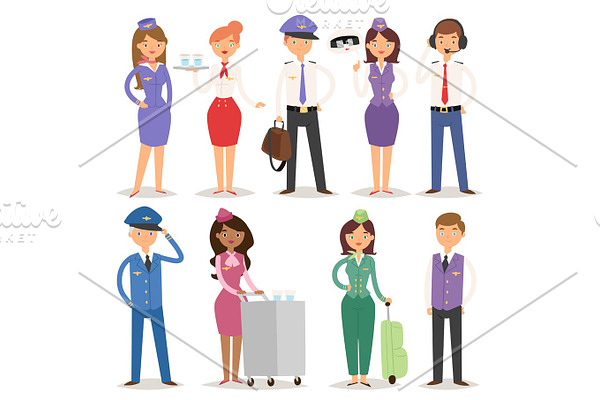 Vector Illustration airline plane personnel staff pilots and stewardess air hostess flight attendants people command