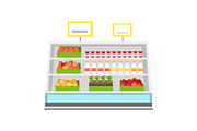 Shelves with Products in Grocery Store Vector.