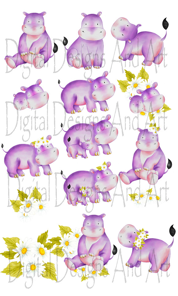 Cute baby and mama hippo in Illustrations - product preview 1