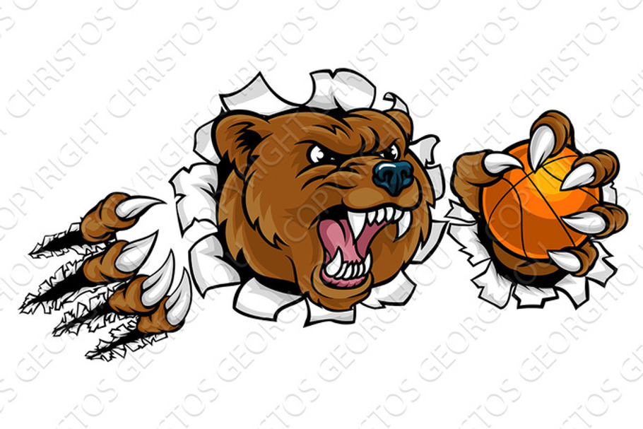 Bear Holding Basketball Ball Breaking Background in Illustrations - product preview 8