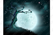 Blue Halloween Moon Tree Background