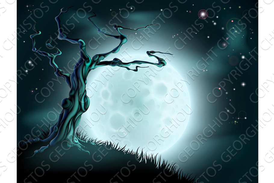 Blue Halloween Moon Tree Background in Illustrations - product preview 8