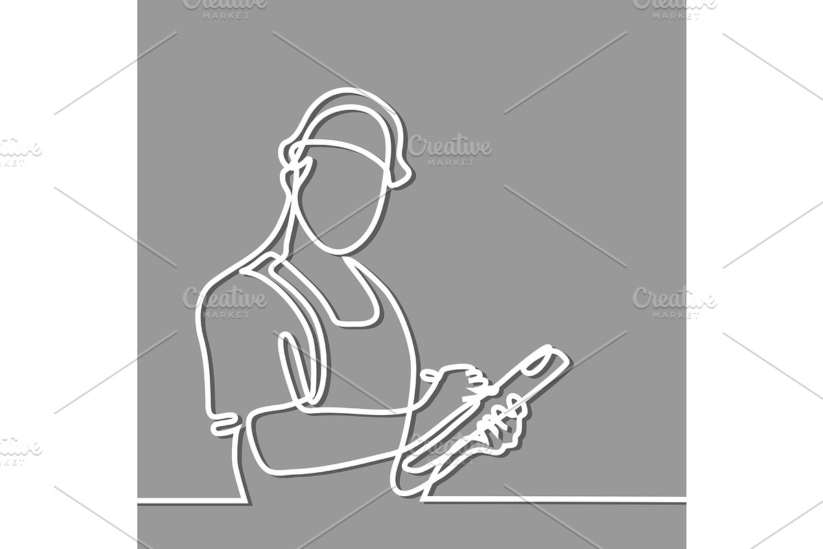 Standing builder man holding tablet in Illustrations - product preview 8