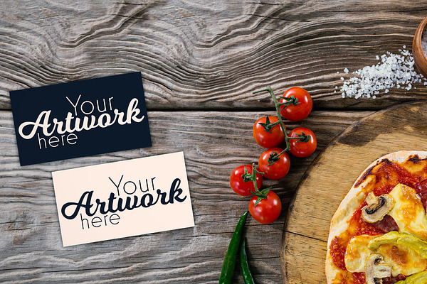 Business Cards With Pizza Mockup