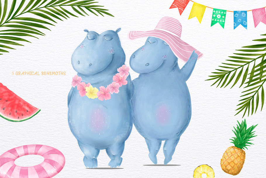 Hippo Beach Travel. Summer Set in Illustrations - product preview 8