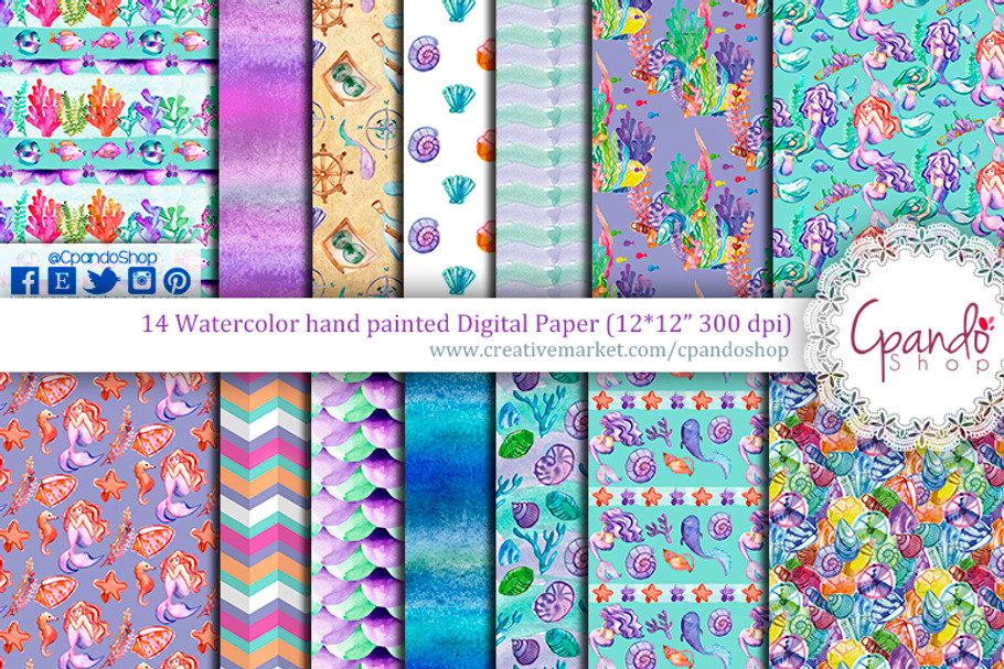 Watercolor mermaid digital paper