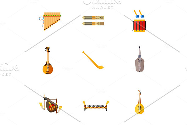 Folk musical instruments icon set