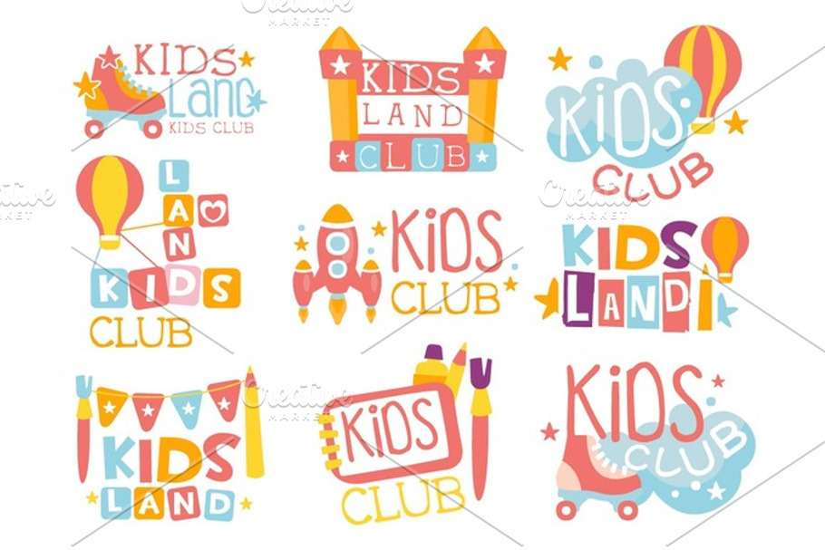 Kids Land Playground And Entertainment Club Set Of Colorful Promo Signs For The Playing Space Children