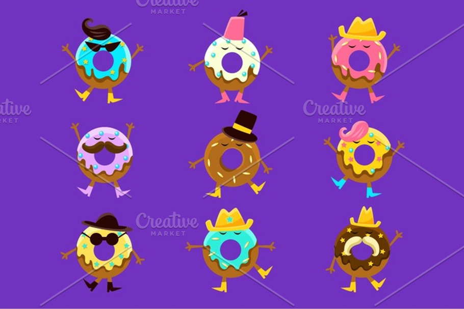 Humanized Doughnut Cartoon Characters With Arms And Legs Different Facial Features Set