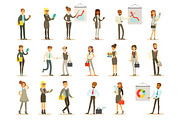 Business, Finance And Office Employees In Suits Busy At Work Set Of Cartoon Businessman And Businesswoman Characters Illustrations
