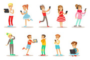 Children And Gadgets Set Of Illustrations With Kids Watching, Listening And Playing Using Electronic Devices