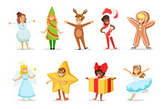 Children Dressed As Winter Holidays Symbols For The Costume Christmas Carnival Party