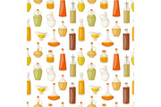 Different food oil in bottles liquid natural virgin organic healthy container vector illustration seamless pattern background
