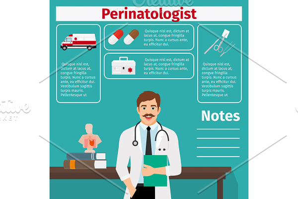 Perinatologist and medical equipment icons