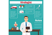 Virologist and medical equipment icons