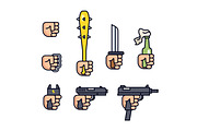 Cold weapon and firearms collection. Weapons in the hand. Vector line icon set for mobile game. Fist, brass knuckles, baseball bat with thorns, knife, shocker, gun, machine gun. Infographic.