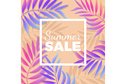 Summer sale bright poster with palm leaves on background