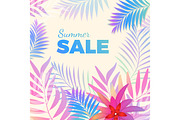 Summer sale bright poster with palm leaves on background