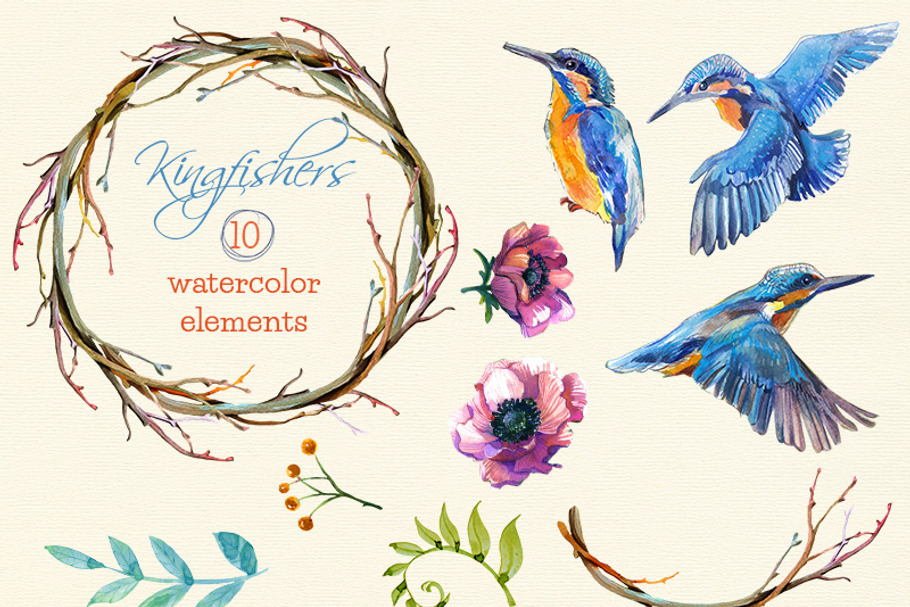 Kingfishers Watercolor Clip Arts -10 in Illustrations - product preview 8