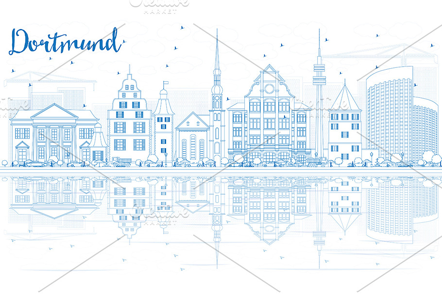 Outline Dortmund Skyline in Illustrations - product preview 8