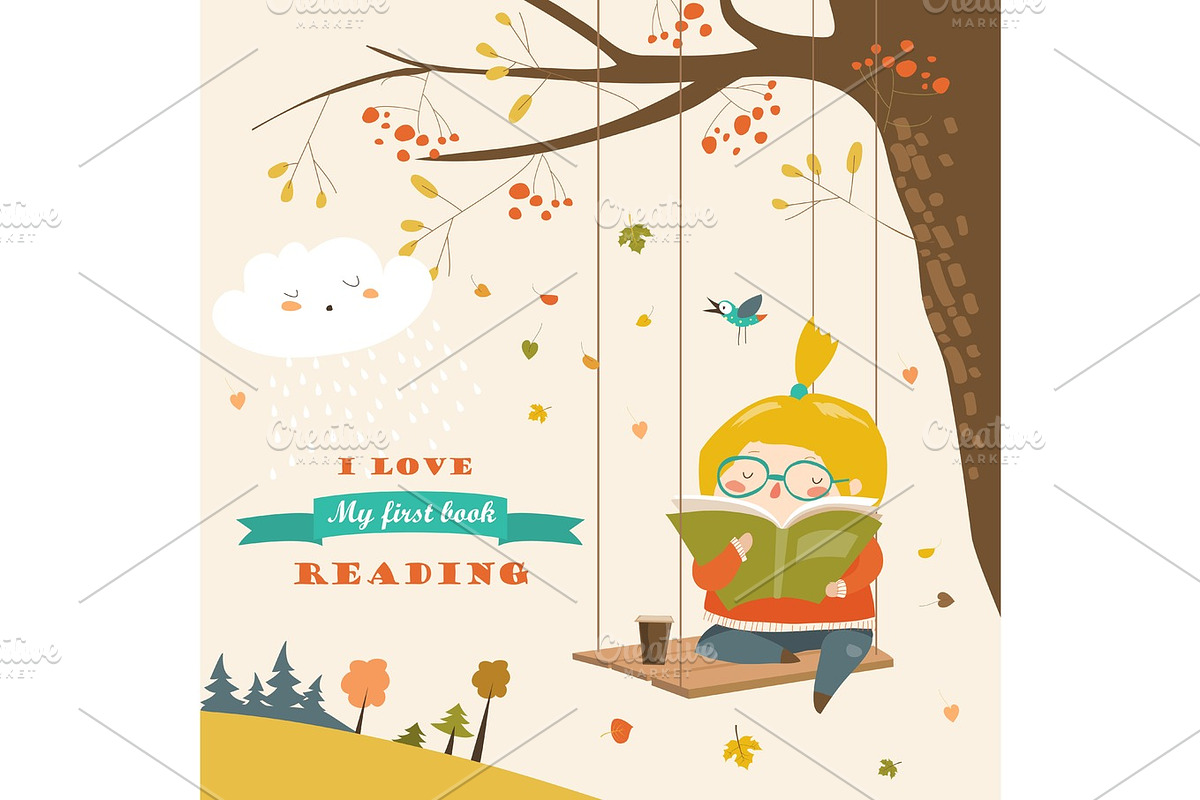Cute girl swinging and reading a book in autumn park in Illustrations - product preview 8