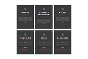 Red wine labels. Vector premium template set. Clean and modern design. Pinot Noir, Malbec, Cabernet Sauvignon, Merlot, Syrah, Carmenere.