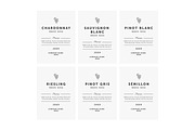 White wine labels. Vector premium template set. Clean and modern design. Shardonnay, Pinot Blanc, Riesling, Sauvignon, Semillion.