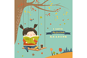 Cute girl swinging and reading a book in autumn park