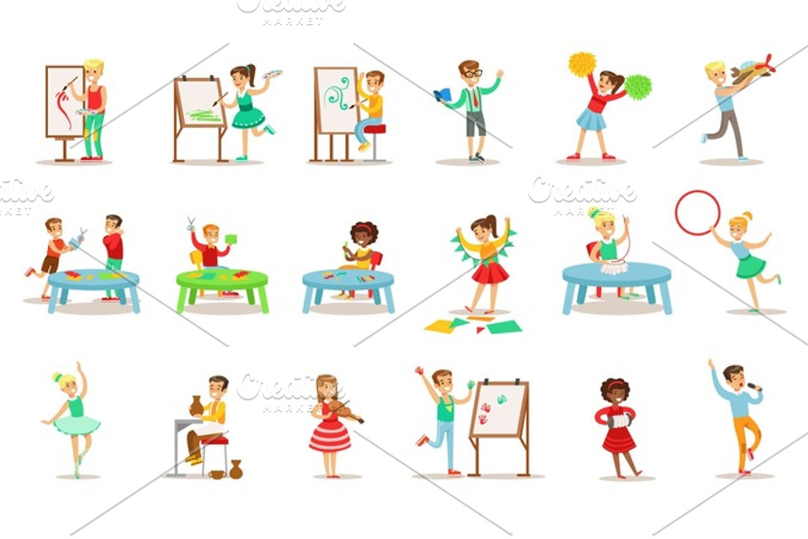 Creative Children Practicing Different Arts And Crafts In Art Class And By Themselves Set Of Kids And Creativity Themed Illustrations