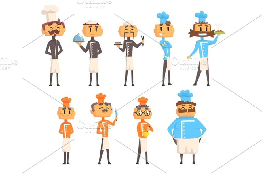 Restaurant Chef Cooks Set Of Man Cartoon Characters In Classic Double Breasted Jacket And Hat in Illustrations - product preview 8