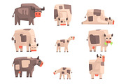 Toy Simple Geometric Farm Cows Standing And Laying While Browsing Set Of Funny Animals Vector Illustrations.