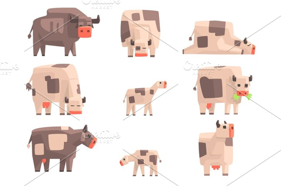 Toy Simple Geometric Farm Cows Standing And Laying While Browsing Set Of Funny Animals Vector Illustrations. in Illustrations - product preview 8