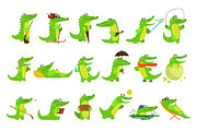 Humanized Crocodile Character Every Day Activities Set Of Illustrations