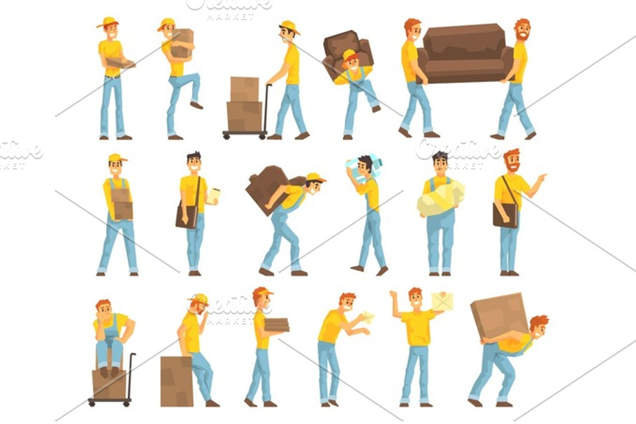 Delivery And Moving Company Employees Carrying Heavy Objects, Delivering Shipments Helping With Resettlement Set OF Illustrations in Illustrations - product preview 8