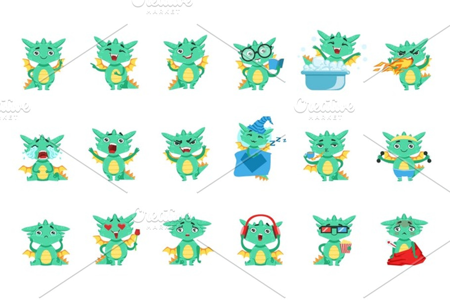 Little Dragon Cute Emoji Set in Illustrations - product preview 8