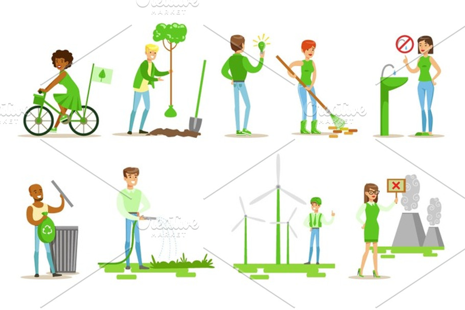 Men And Women Contributing Into Environment Preservation By Using Eco-Friendly Energy And Recycling Illustrations From People And Ecology Set