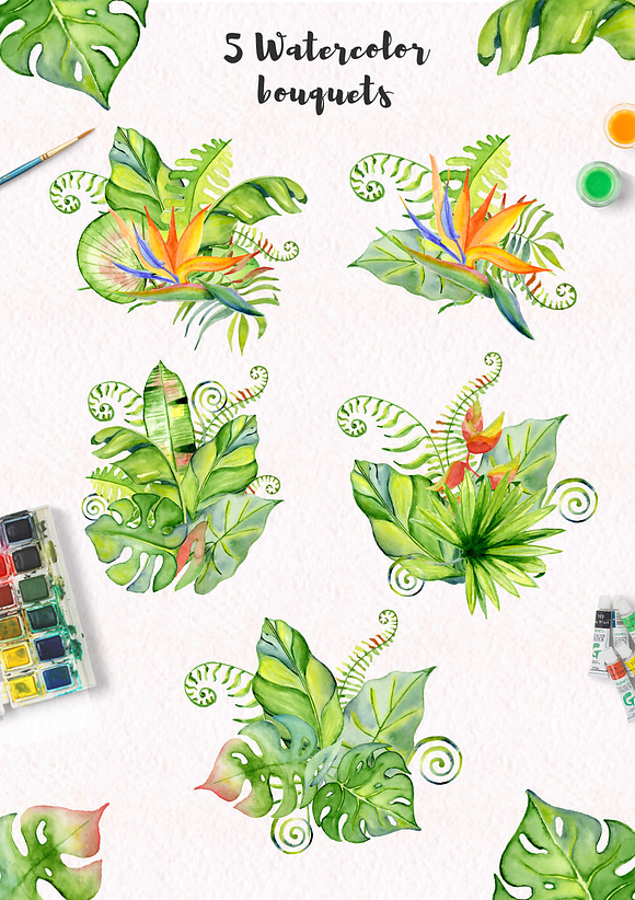 Tropical leaves Watercolor clipart in Illustrations - product preview 2
