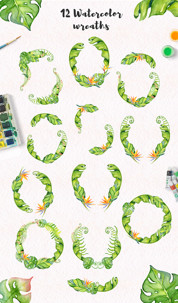 Tropical leaves Watercolor clipart in Illustrations - product preview 5