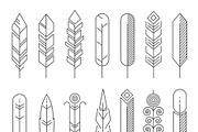 Hipster line feathers vector set